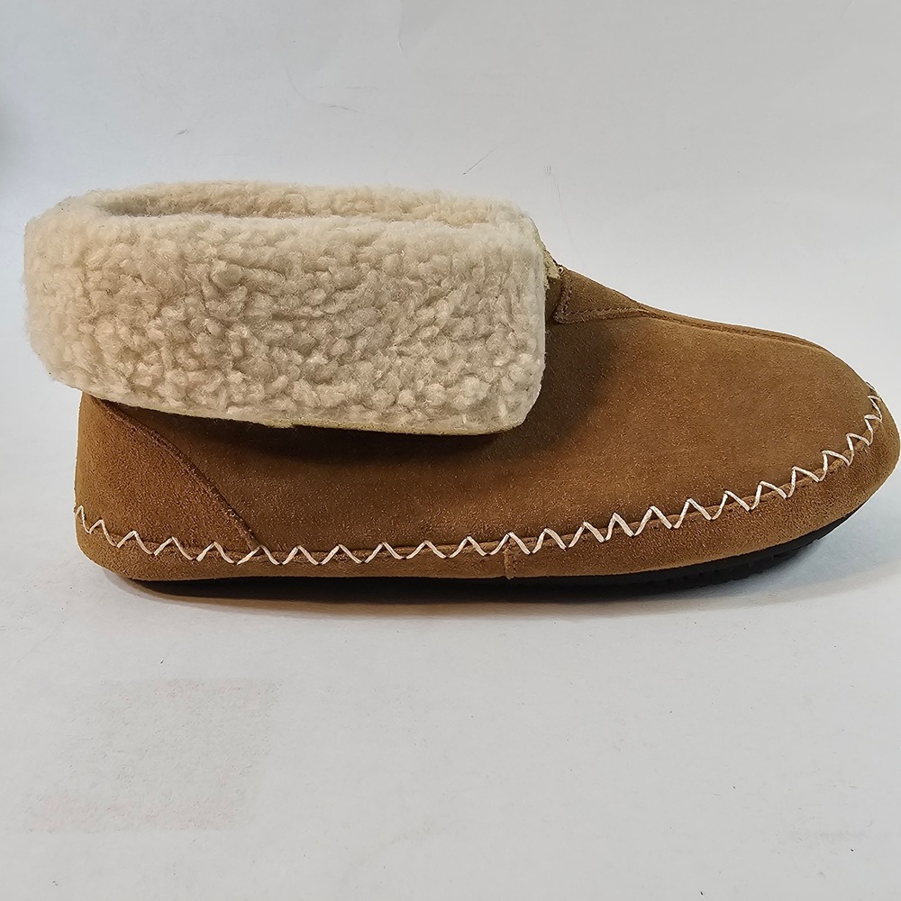 Isotoner Womens Tan Suede Moccasin Boot Slippers Fleece Lined Fold Cuff - Picture 7 of 9